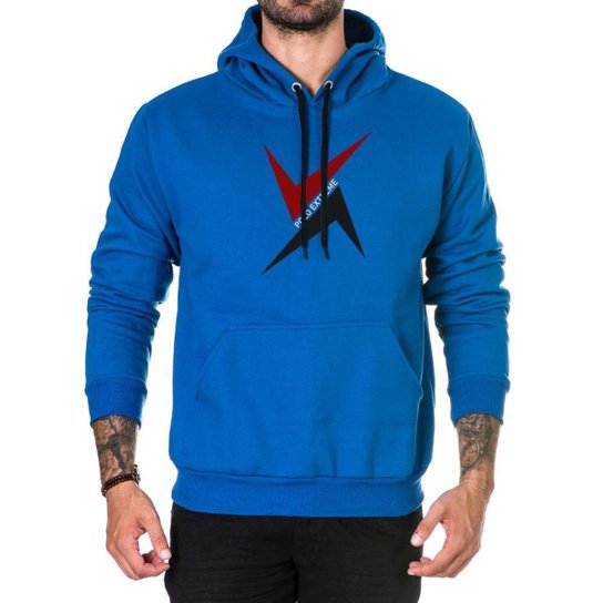 Moletom Masculino Flanelado Capuz Bolso Canguru Estampado Azul