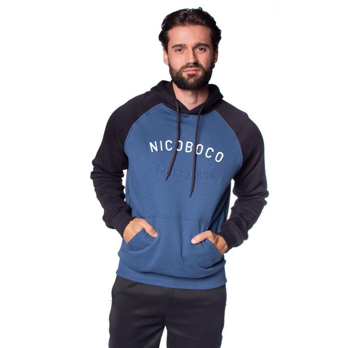 Moletom Masculino Nicoboco Raglan Com Capuz Azul/preto