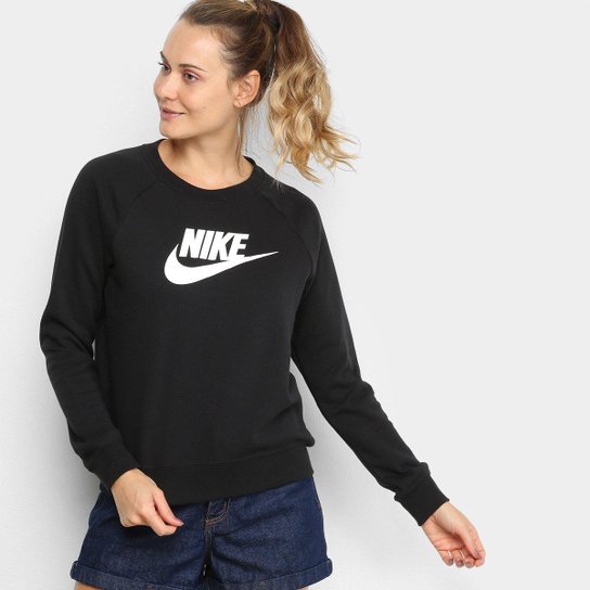 Moletom Nike Essential Crew Feminino - Preto+Branco Menor preço em Moletom Nike Essential Crew Feminino - Preto+Branco
