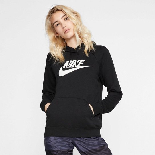 Moletom Nike Sportswear Essential Hoddie PO HBR Feminino - Preto+Branco Menor preço em Moletom Nike Sportswear Essential Hoddie PO HBR Feminino - Preto+Branco