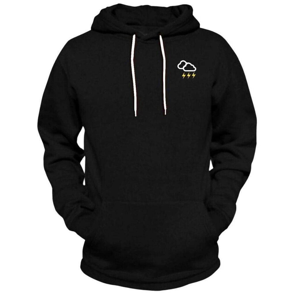 Moletom Preto Canguru Com Capuz Fechado Nuvem Raio Relaxado