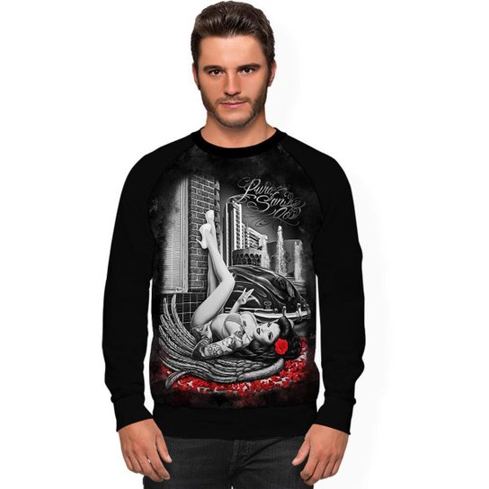 Moletom Stompy Raglan Masculino Tattoo Skull Caveira - Preto