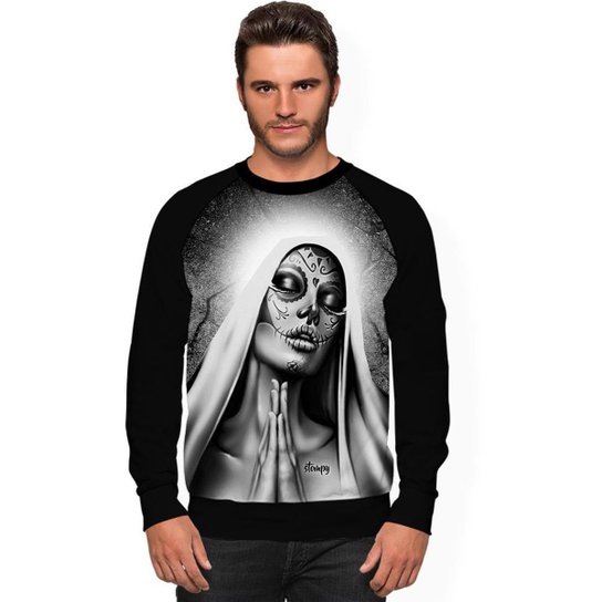 Moletom Stompy Raglan Masculino Tattoo Skull Caveira - Preto