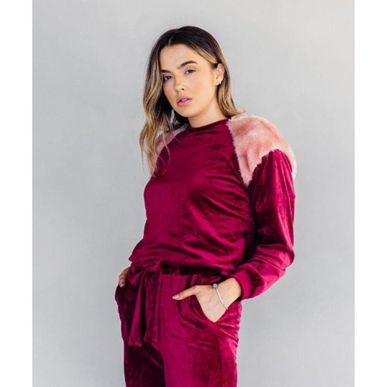 Moletom Veludo Com Pelo Sem Capuz Liso Conigli Vermelho