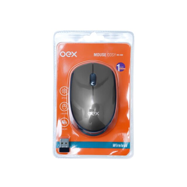 MOUSE WIRELESS OEX MS409 COM 3 BOTÕES CHUMBO E PRETO