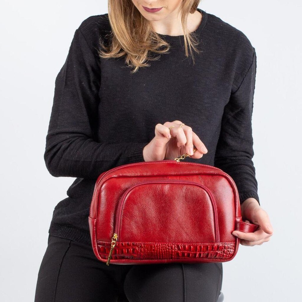 Necessaire grande de couro com bolso frontal Manuela
