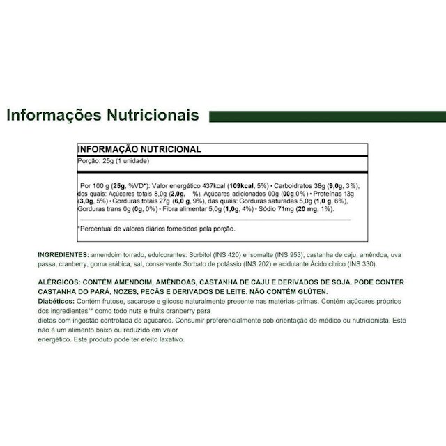 Nuts Sem Adicao De Açúcar Vegana Sem Gluten - 12 Unidades