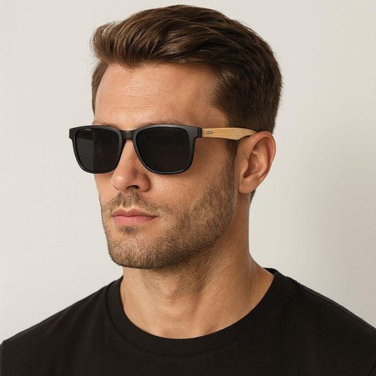 Óculos de Sol Masculino Preto com Hastes de Bambu UV400