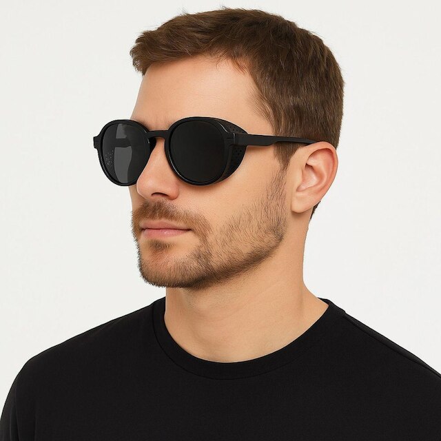 Óculos de Sol Masculino Redondo Preto Estilo Retrô UV400