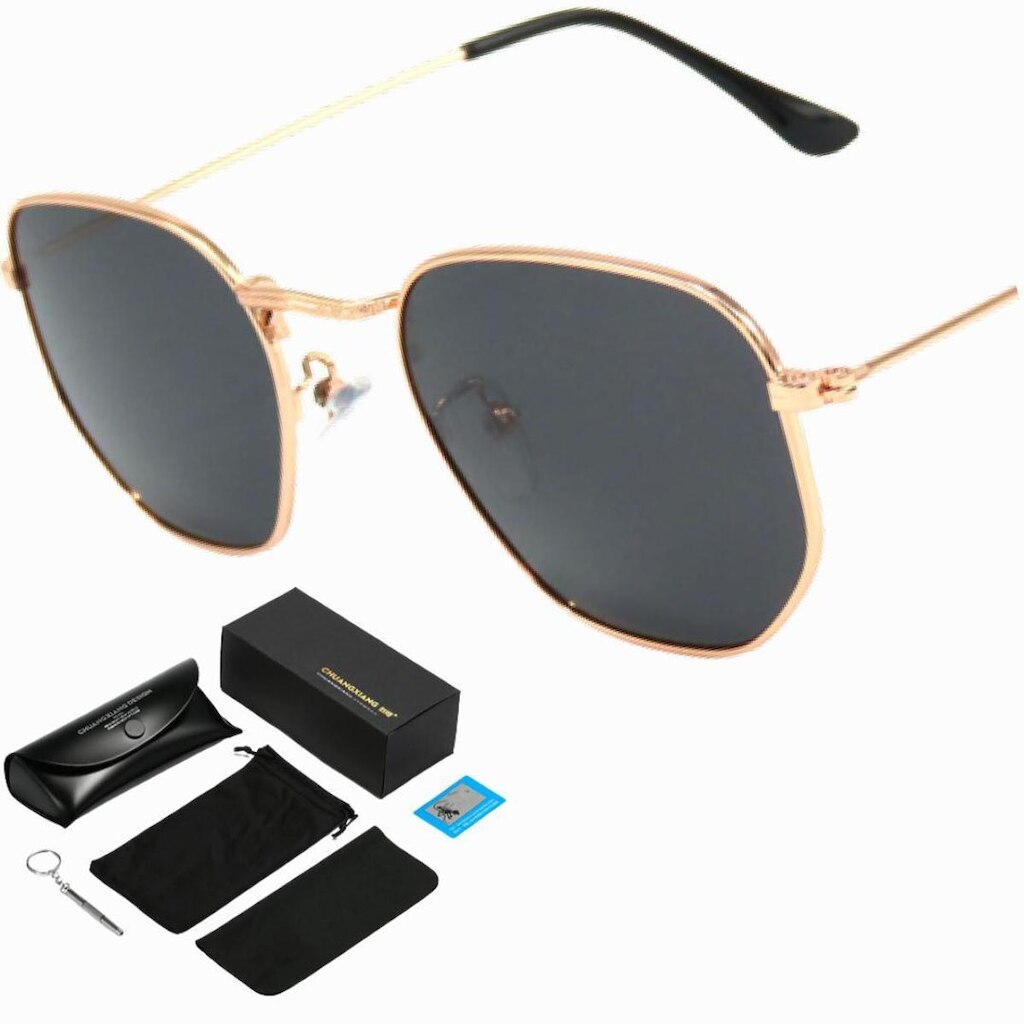 Óculos De Sol Polarizado Octogonal Metal Uv400 Com Case