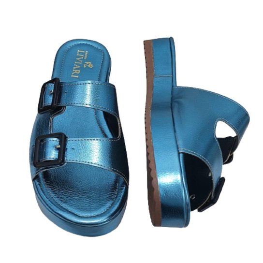 Papete Rasteira Sandália Feminina Flatform Confortável Rasteirinha com Fivela Ref. 30/73 - Azul Menor preço em Papete Rasteira Sandália Feminina Flatform Confortável Rasteirinha com Fivela Ref. 30/73 - Azul