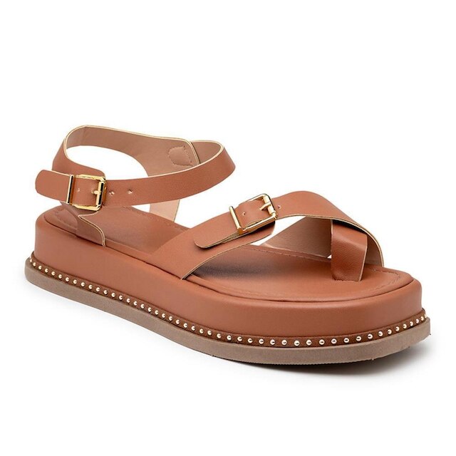 Papete Sandália Feminina Flatform Plataforma Tiras Fivela - Caramelo ...