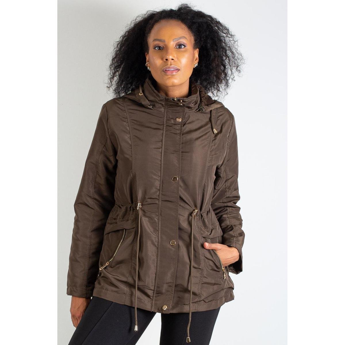 Parka feminina forrada com capuz 80105 - M - Verde militar - Verde