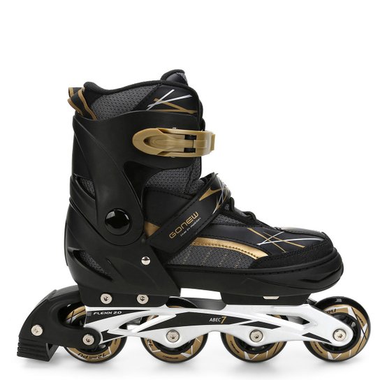 Patins Gonew Fitness Flexx 2.0 In line ABEC 7 Ajustável Base de Alumínio - Preto+Dourado é ruim? Patins Gonew Fitness Flexx 2.0 In line ABEC 7 Ajustável Base de Alumínio - Preto+Dourado é boa?