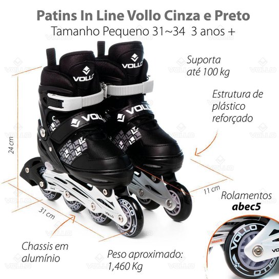 Patins In Line Ajustável 31-34 Cinza e Preto Vollo