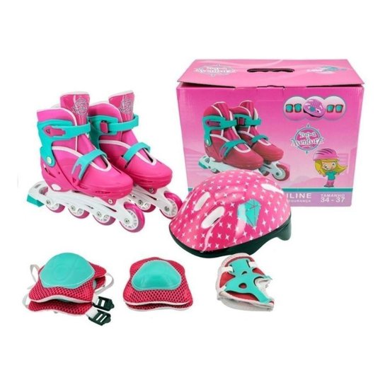 Patins In Line Ajustável + Kit Proteção Completo - Unitoys - Rosa Menor preço em Patins In Line Ajustável + Kit Proteção Completo - Unitoys - Rosa