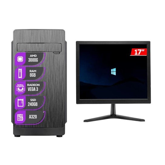 PC CPU Home Mancer, AMD 3000G, 8GB DDR4, SSD 240GB, + Monitor 17" - Preto Menor preço em PC CPU Home Mancer, AMD 3000G, 8GB DDR4, SSD 240GB, + Monitor 17" - Preto
