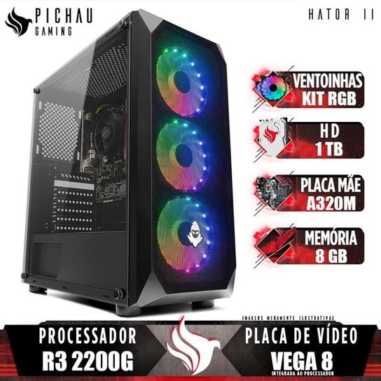 PC Gamer Pichau Hator II, AMD Ryzen 3 2200G, 8GB DDR4, HD 1TB, 400W + Kit Ventoinha RGB - Preto