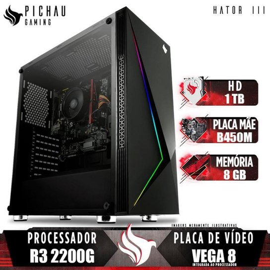 PC Gamer Pichau Hator III, AMD Ryzen 3 2200G, B450M, 8GB DDR4, HD 1TB, 400W - Preto