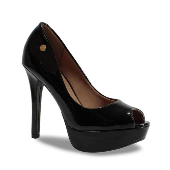 Toe Meia Pata Salto Grosso Peep Toe Verniz Preto Peep Toe Meia