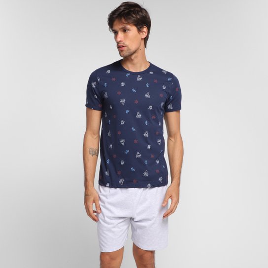 Pijama Adulto Malwee Estampado Curto Masculino - Azul Menor preço em Pijama Adulto Malwee Estampado Curto Masculino - Azul