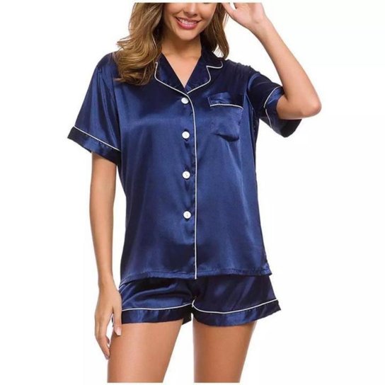 Pijama Americano Baby Doll Short Doll Terninho Azul em Cetim de Seda com Elastano Curto - Marinho Menor preço em Pijama Americano Baby Doll Short Doll Terninho Azul em Cetim de Seda com Elastano Curto - Marinho