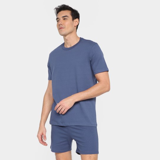 Pijama Curto Hering Liso Manga Média + Porta Pijama Masculino - Azul Menor preço em Pijama Curto Hering Liso Manga Média + Porta Pijama Masculino - Azul