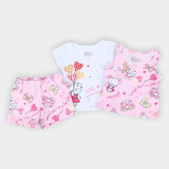 Pijama Curto Infantil Elian Little Princess 3 Peças Feminino - Branco+Rosa Menor preço em Pijama Curto Infantil Elian Little Princess 3 Peças Feminino - Branco+Rosa