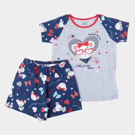 Pijama Curto Infantil Elian Little Princess Feminino - Cinza+Azul Menor preço em Pijama Curto Infantil Elian Little Princess Feminino - Cinza+Azul