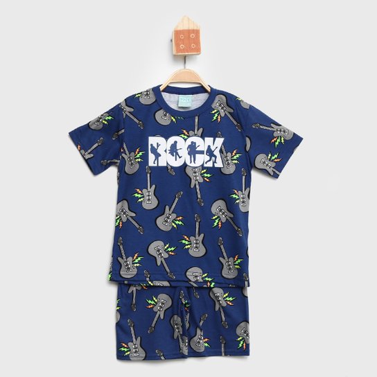 Pijama Curto Infantil Kyly Rock Camiseta + Bermuda Menino - Azul Menor preço em Pijama Curto Infantil Kyly Rock Camiseta + Bermuda Menino - Azul