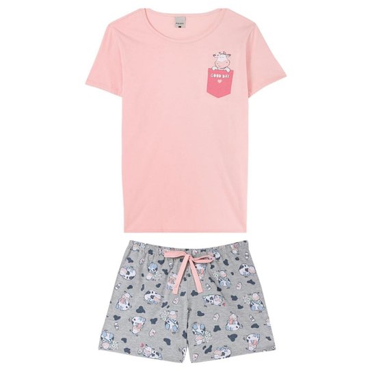 Pijama Curto Malwee Gatinhos Feminino - Rosa Claro Menor preço em Pijama Curto Malwee Gatinhos Feminino - Rosa Claro