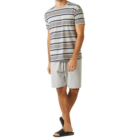 Pijama Curto Malwee Listrado Masculino - Cinza+Azul Menor preço em Pijama Curto Malwee Listrado Masculino - Cinza+Azul