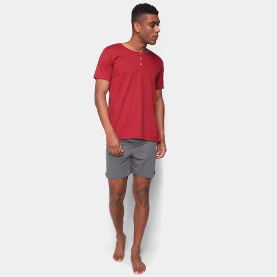 Pijama Curto Volare Botões Masculino - Cinza+vinho Menor preço em Pijama Curto Volare Botões Masculino - Cinza+vinho