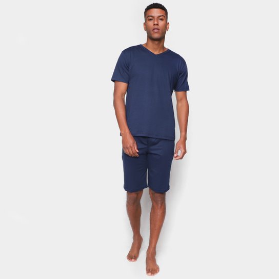 Pijama Curto Volare Liso Gola V Masculino - Marinho Menor preço em Pijama Curto Volare Liso Gola V Masculino - Marinho