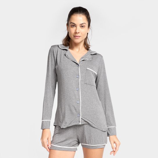 Pijama Curto Volare Shorts Com Camisa Feminino - Cinza Menor preço em Pijama Curto Volare Shorts Com Camisa Feminino - Cinza