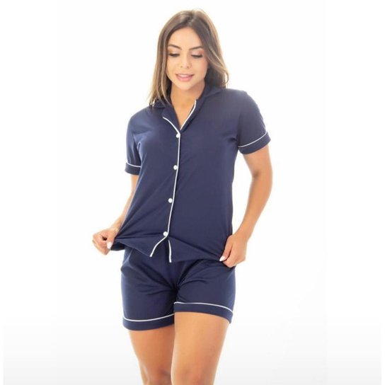 Pijama Feminino Aberto Adulto Baby Doll Americano Luxo - G - Azul Marinho - Azul Menor preço em Pijama Feminino Aberto Adulto Baby Doll Americano Luxo - G - Azul Marinho - Azul