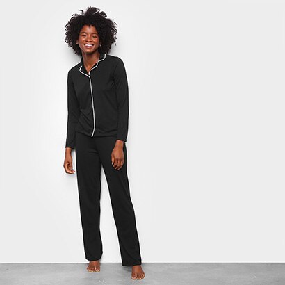 Pijama Hering Longo Com Botões Feminino - Preto | Netshoes