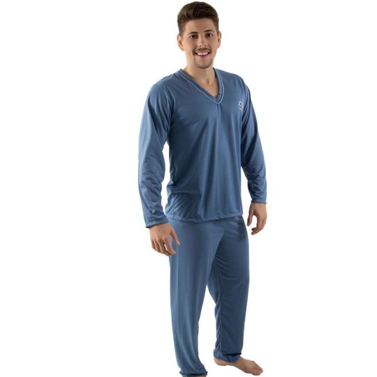 Pijama Linha Noite Longo 080 Acinzentado Masculino - Azul Menor preço em Pijama Linha Noite Longo 080 Acinzentado Masculino - Azul
