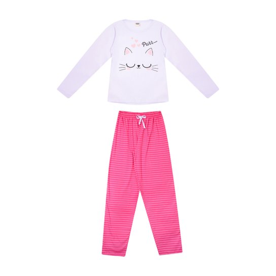 Pijama Longo Juvenil Duzizo Camiseta + Calça Brilha no Escuro Feminino - Branco Menor preço em Pijama Longo Juvenil Duzizo Camiseta + Calça Brilha no Escuro Feminino - Branco