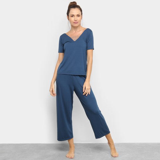 Pijama Longo Lupo Capri Renda Feminino - Azul