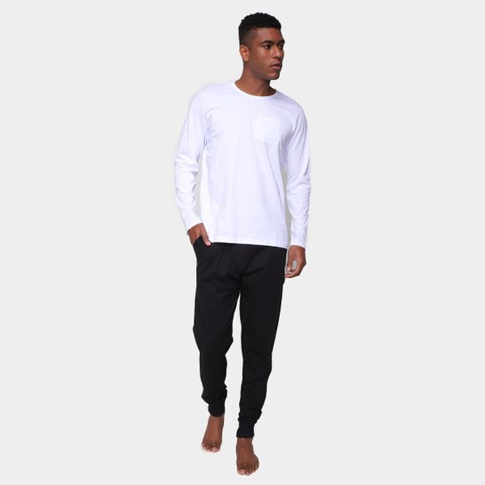 Pijama Longo Volare Manga Longa Bolso Masculino - Branco+Preto Menor preço em Pijama Longo Volare Manga Longa Bolso Masculino - Branco+Preto
