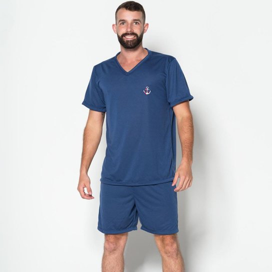 Pijama Masculino Gola V Fechado Conjunto Curto Short Blusa Adulto - Azul Escuro Menor preço em Pijama Masculino Gola V Fechado Conjunto Curto Short Blusa Adulto - Azul Escuro