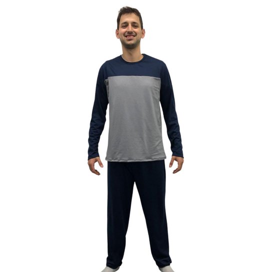 Pijama Masculino Inverno Longo Calça Comprida Blusa Manga Longa Frio Bicolor - Azul Menor preço em Pijama Masculino Inverno Longo Calça Comprida Blusa Manga Longa Frio Bicolor - Azul