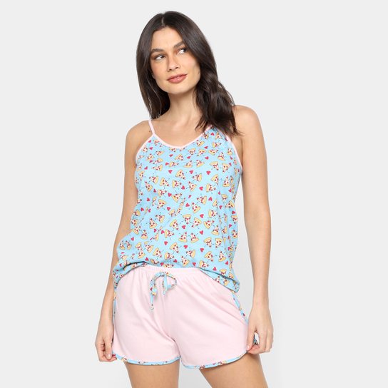 Pijama Short Doll Trumpet Pizzas Feminino - Rosa+Azul Menor preço em Pijama Short Doll Trumpet Pizzas Feminino - Rosa+Azul