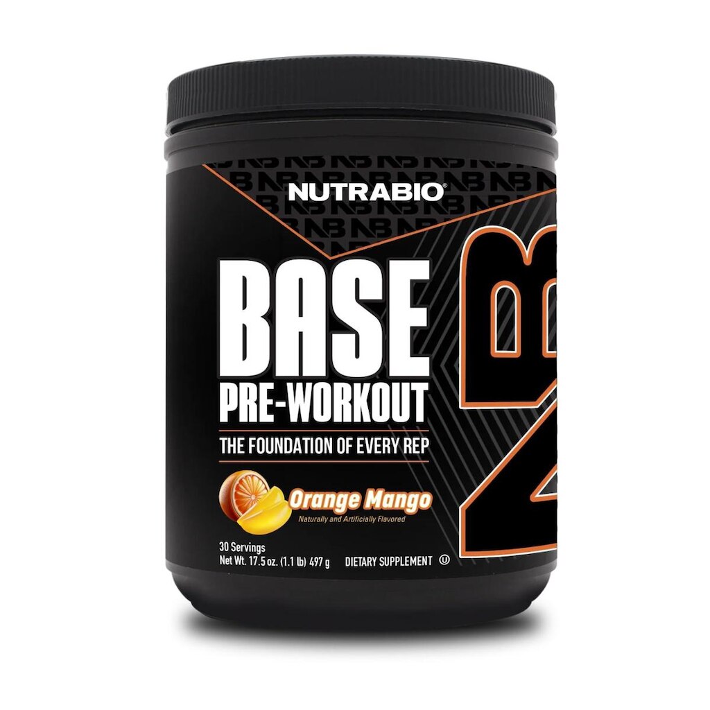 Pó pré-treino NutraBio Base 200 mg de cafeína e laranja e manga