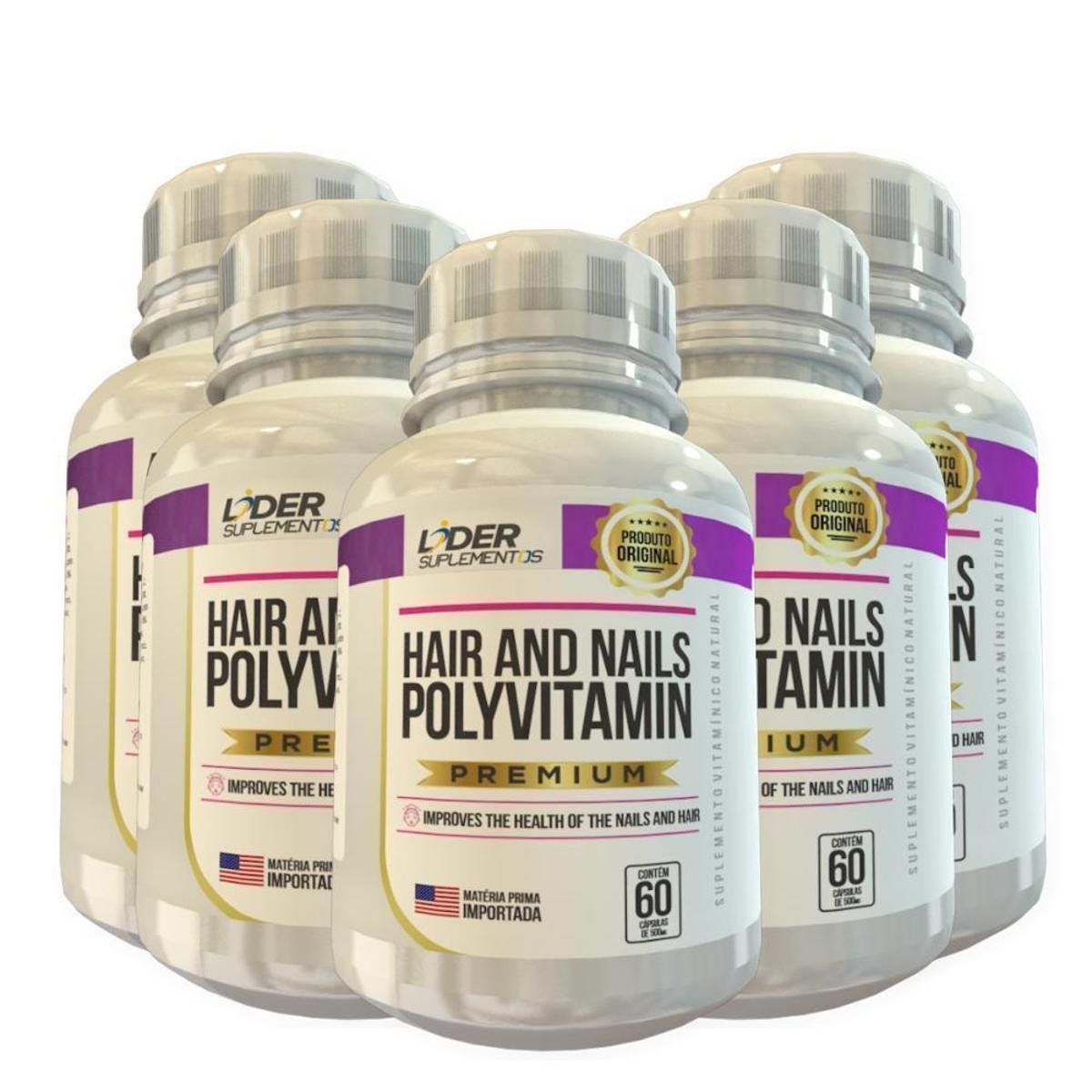 Polivitamina Cabelos E Unhas Caps 500Mg 60Cáps Kit 5 Potes Vitaminas