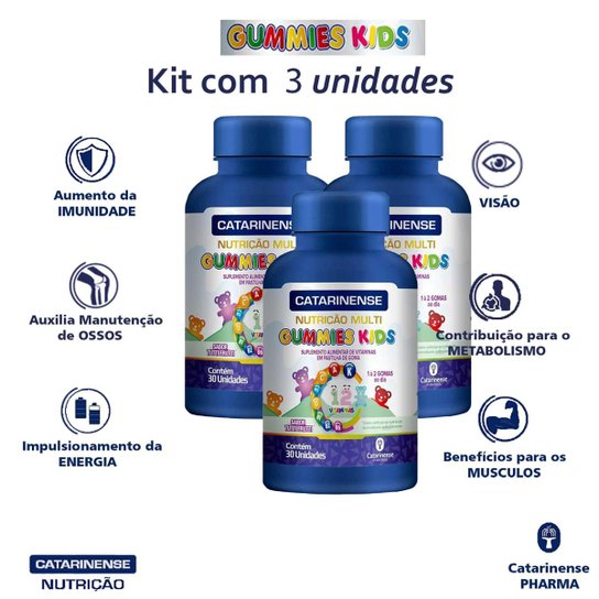 Polivitamínico Gummies Kids 30 Gummies Catarinense Pharma - Kit 3 unidade - Branco Menor preço em Polivitamínico Gummies Kids 30 Gummies Catarinense Pharma - Kit 3 unidade - Branco