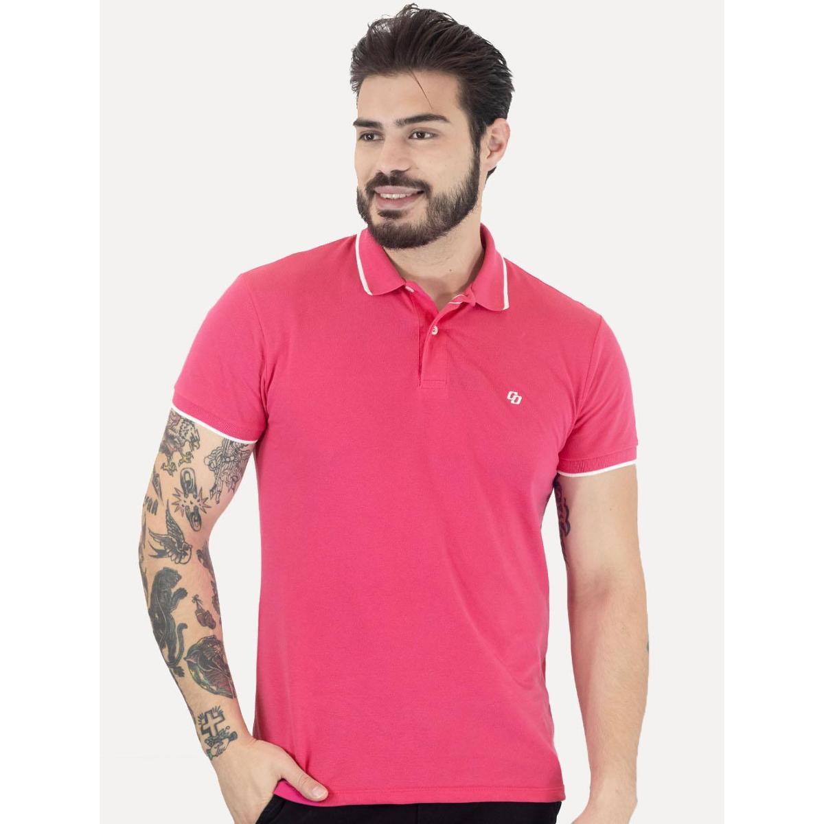 Polo Colcci Masculina Piquet Friso Logo Bordado Rosa