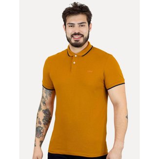 Polo Colcci Masculina Piquet Navy Frisos Orange Logo Amarelo Escuro