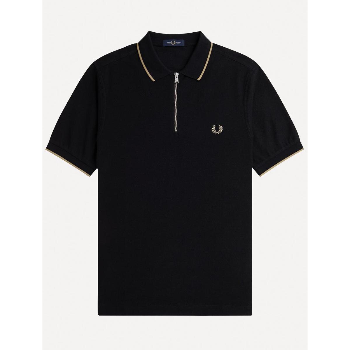 Polo Fred Perry Masculina Crepe Pique Zip Neck Preta - Preto